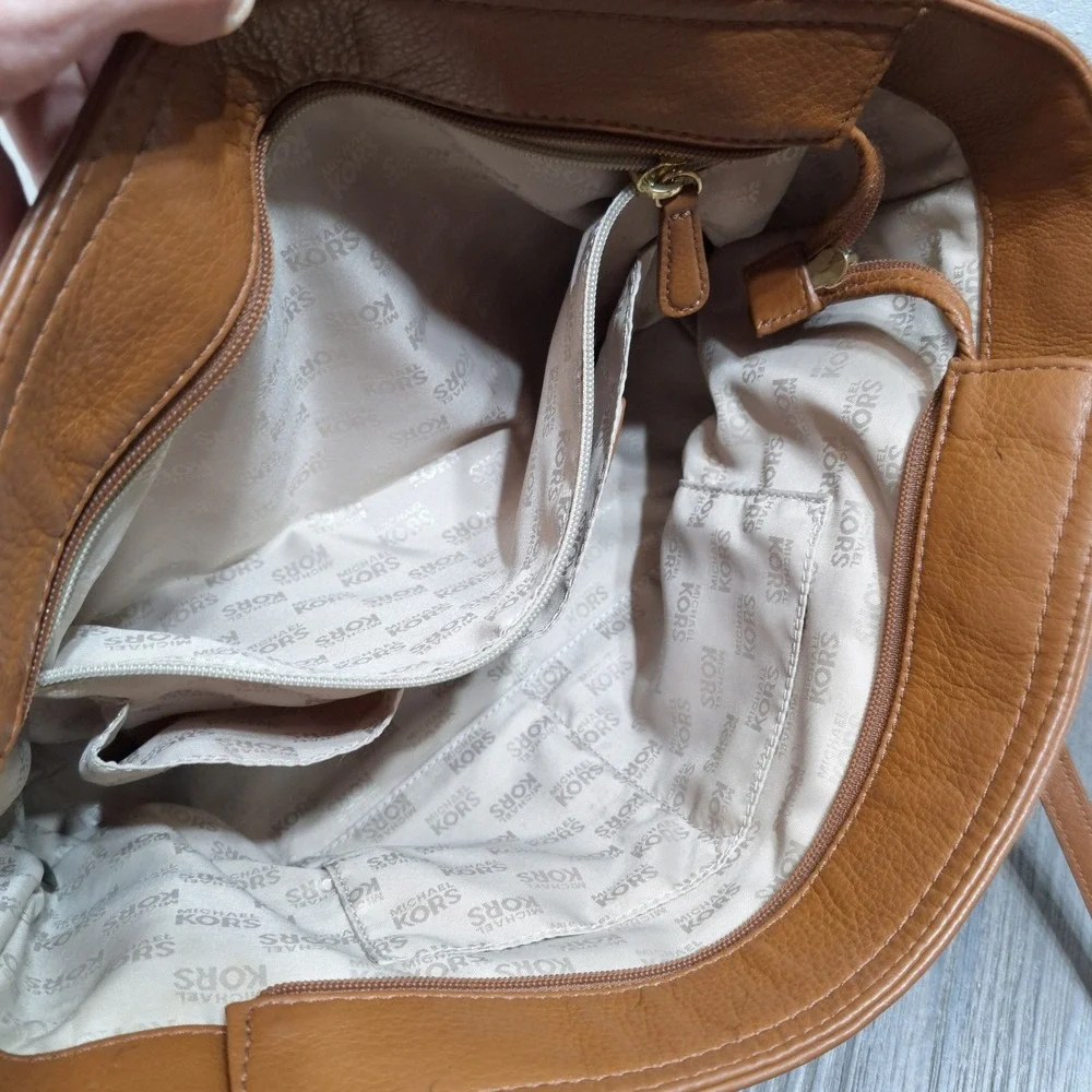 Michael Kors Pebbled Leather Tote Bag Luggage Brown Gold Chain Shoulder Bag